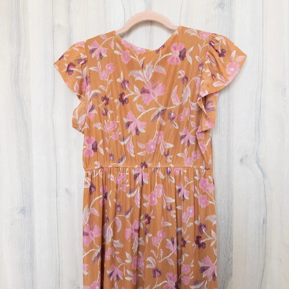 Le Serein Floral Midi Dress S Orange Floral Flutter Sleeve Tiered Romantic Boho